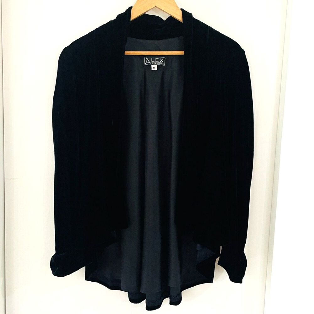 Vintage Alex Evenings Women's Size M Black Velvet Open Front Cardigan Lined USA